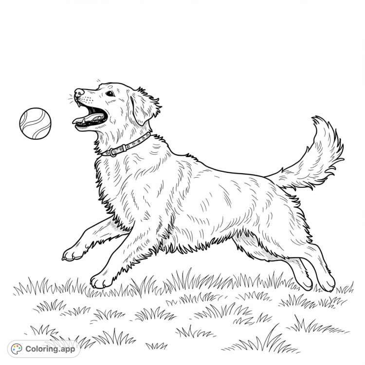 Adorable English Golden Retriever playing fetch!  This black and white line art coloring page features a playful dog with clean lines and open spaces for easy coloring.