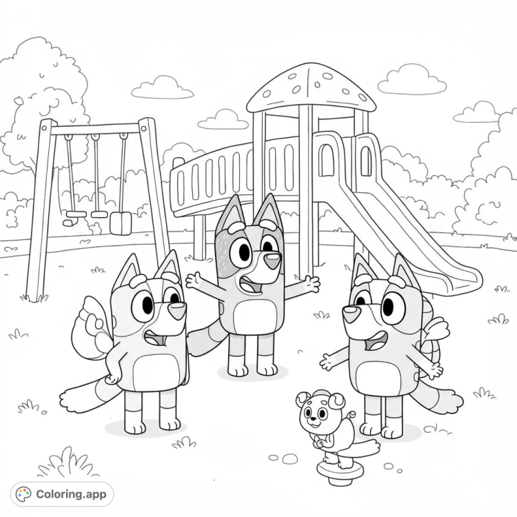 Bluey, Chloe, and Honey enjoy a fun day at the park playground!  This black and white line art coloring page is perfect for young kids.