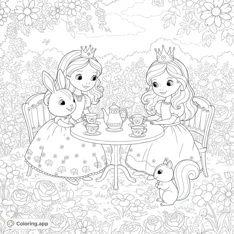 A princess enjoys a tea party with a bunny and squirrel in a flower garden.  Fun, simple line art for kids to color.