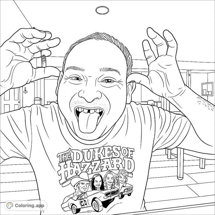 A fun coloring page of a man making a silly face.  He is wearing a Dukes of Hazzard t-shirt.