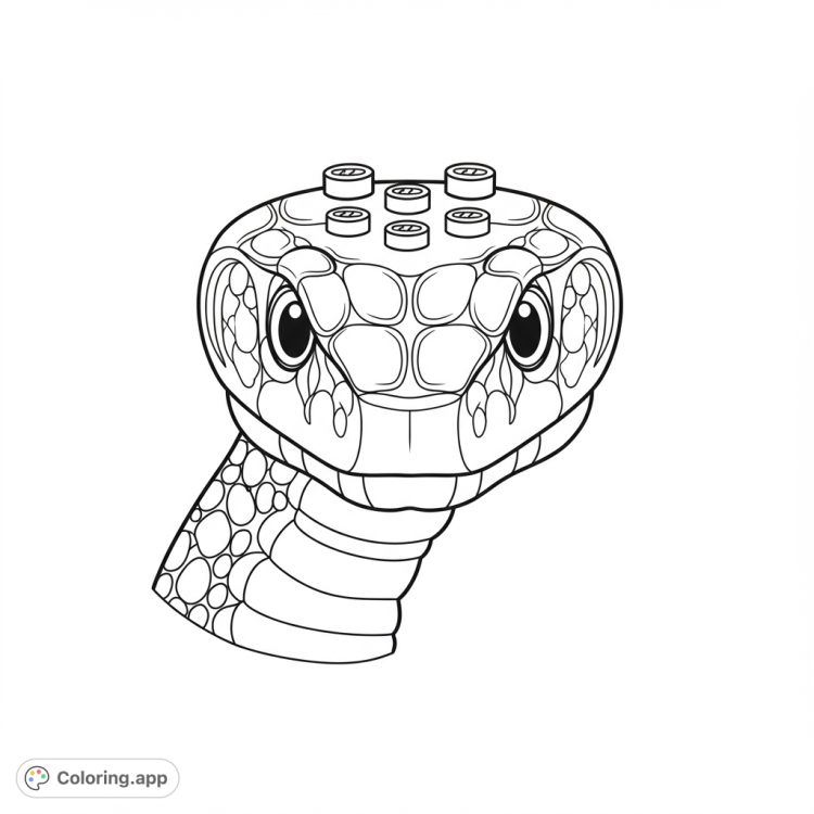 Detailed Lego snake head coloring page.  Features close-up view of the brick texture, expressive eyes, and a balance of detailed and open areas for coloring fun.