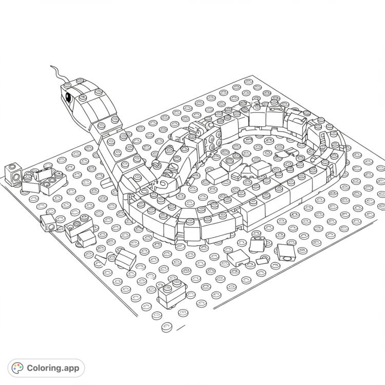 A detailed black and white line drawing of a Lego snake winding across a baseplate.  Features scattered bricks and clean lines for easy coloring.