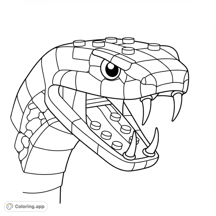 Coloring page of a Lego snake head with blocky fangs.  Features clean lines, detailed textures, and open spaces for easy coloring.