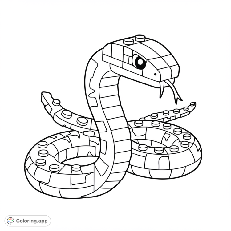 A fun Lego snake coloring page!  Features a friendly snake built from smooth, rounded Lego bricks with fangs.