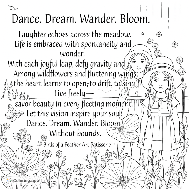 Enchanting coloring page with two girls in a meadow, surrounded by flowers and butterflies.  A whimsical scene to inspire creativity and joy!