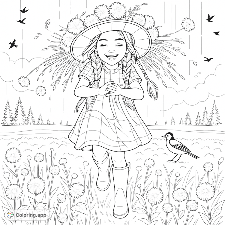 A sweet girl in a field of dandelions, wearing a flower hat and boots.  A whimsical scene to color!