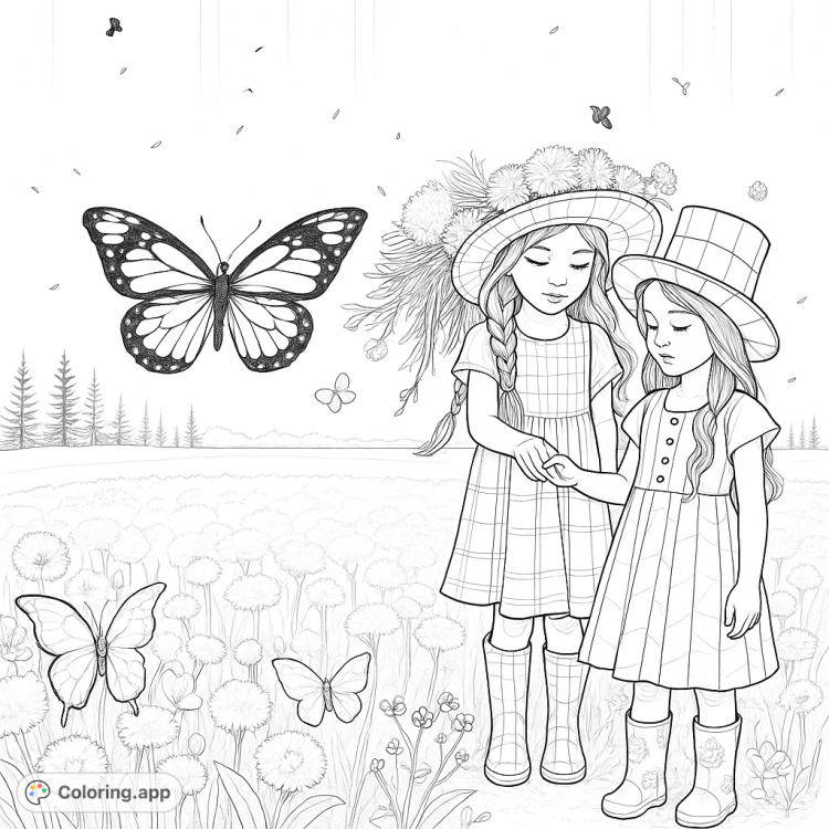 Delightful coloring page of two girls in a field with butterflies.  A whimsical scene to color, perfect for kids who love nature and fantasy art.