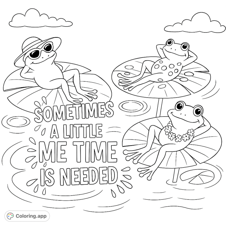 Relax with these chill frogs!  Color this cute scene of frogs lounging on lily pads.