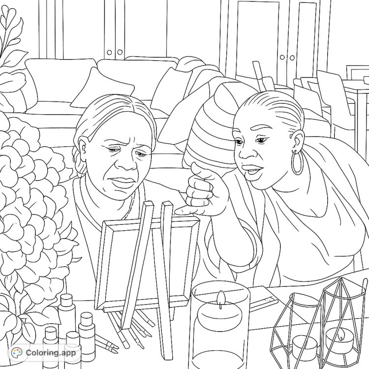 A coloring page of two women painting on easels, surrounded by art supplies and candles.  A relaxing and creative scene to color.