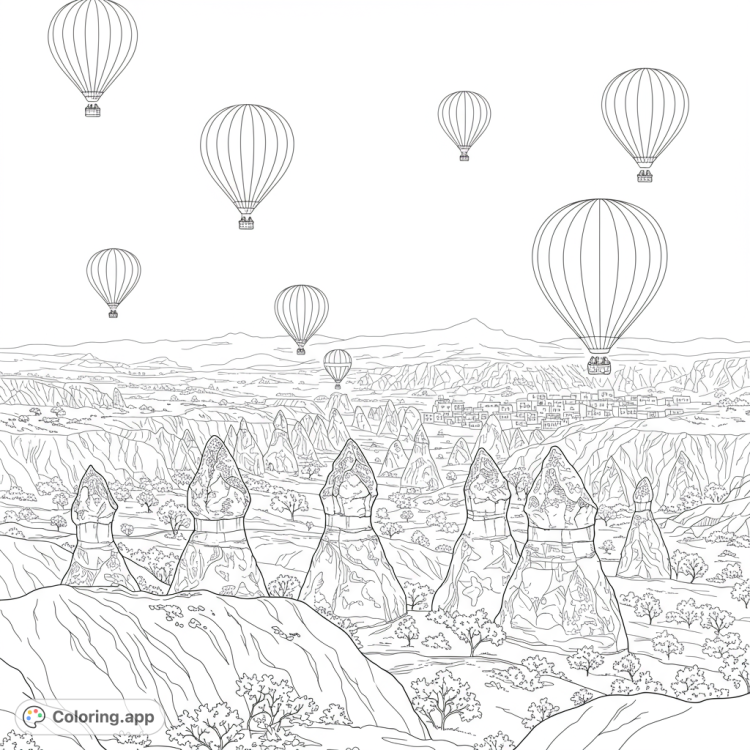 Color this breathtaking Cappadocia scene!  Featuring hot air balloons over unique rock formations.