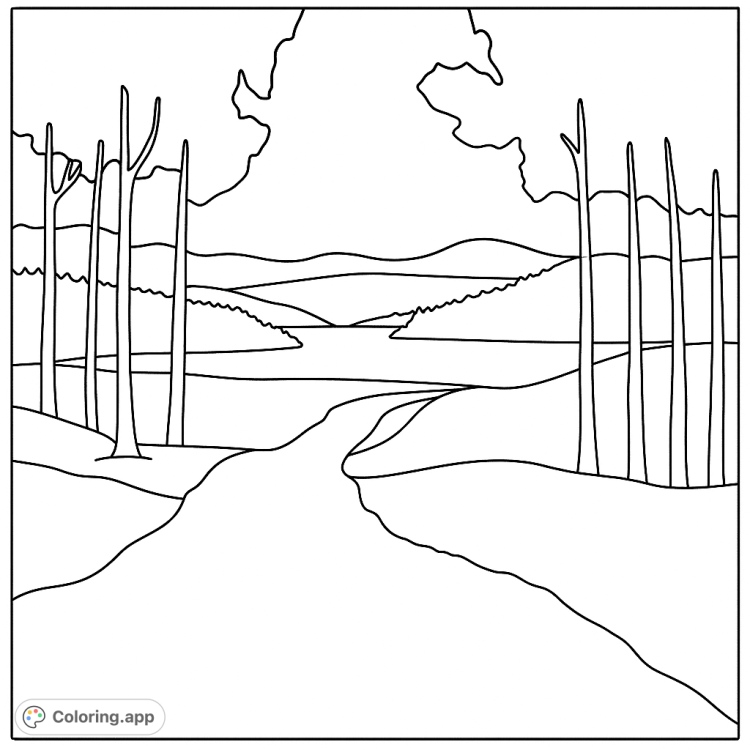 A scenic landscape coloring page featuring a path leading to a serene lake surrounded by trees and distant hills.  Relaxing nature scene.