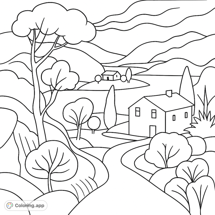 A scenic landscape coloring page featuring a house, winding road, trees, and distant mountains.  A relaxing and creative activity for all ages.