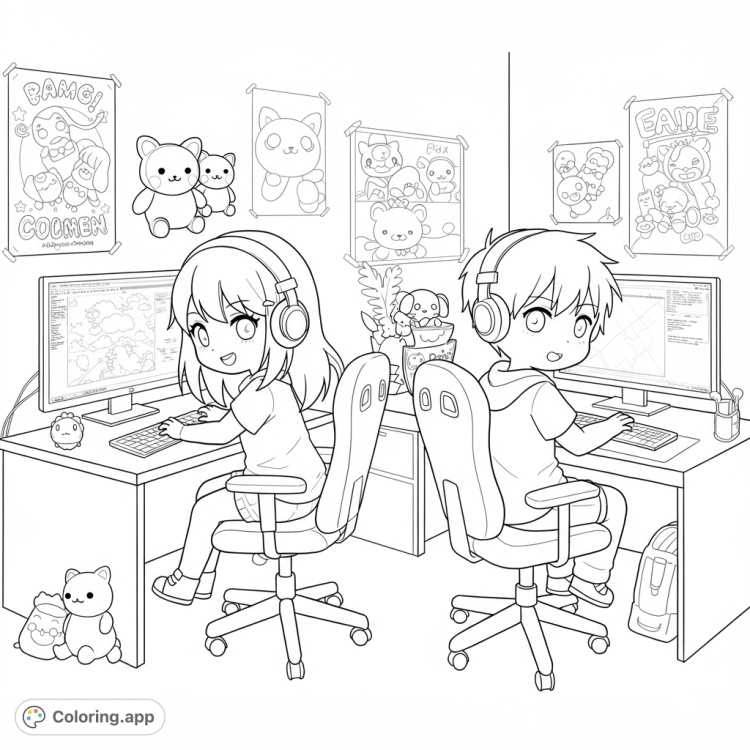 Chibi gamers!  A girl and boy side-by-side, playing on computers.