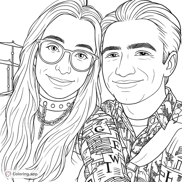 A cute couple takes a selfie in this fun coloring page!  The pair are dressed in patterned clothing and jewelry.