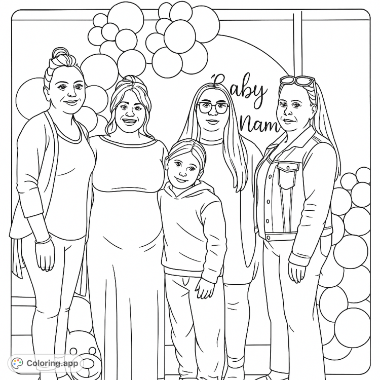 A heartwarming coloring page featuring a group of women and a child at a baby shower, surrounded by balloons and decorations.  Celebrate family and new beginnings!