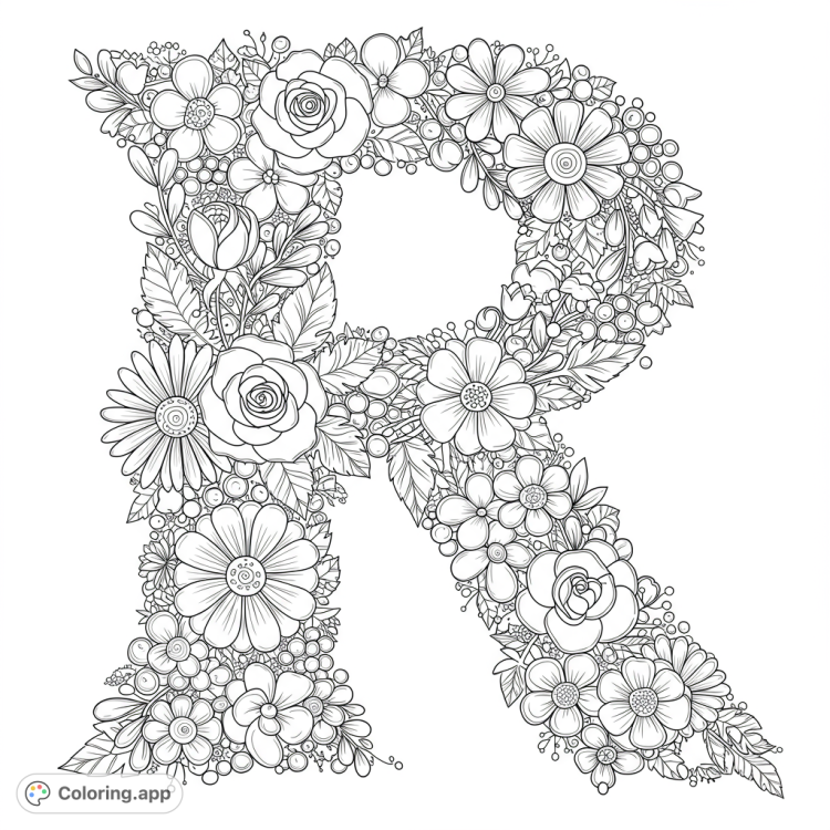 Elegant letter R adorned with beautiful flowers, perfect for creative coloring.  Features clean lines, detailed floral elements, and open spaces for artistic expression.