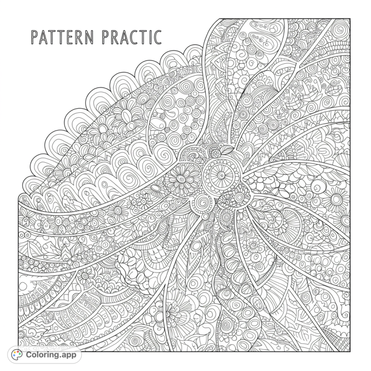 Intricate pattern practice coloring page.  Features a variety of geometric shapes and designs with clean lines and open spaces for creative coloring.