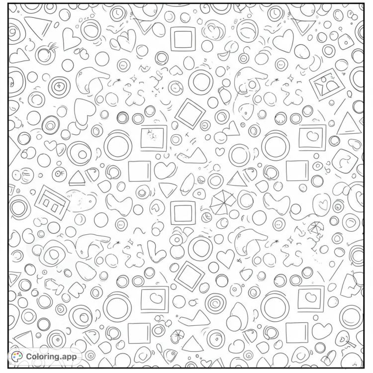 A fun coloring page featuring a mix of geometric shapes.  Includes circles, squares, triangles, hearts, diamonds, and hexagons.