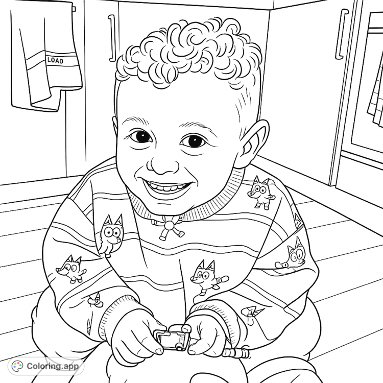 A cute toddler smiles while riding a toy.  The child is wearing a Bluey themed shirt.