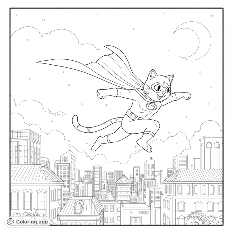 A brave cat superhero patrols a shadowy cityscape!  This black and white line art coloring page features a detailed, action-packed scene with open spaces for creative coloring.