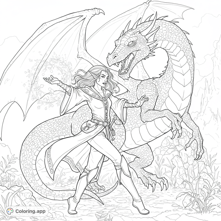 Epic coloring page!  A female elf mage battles a fearsome dragon in this detailed black and white line art.