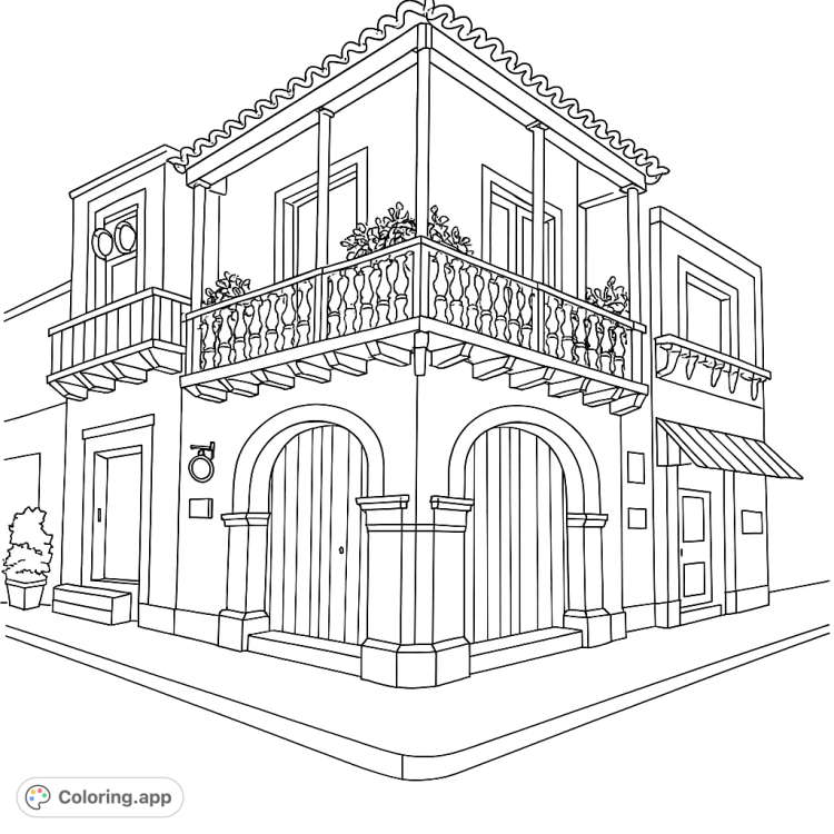 Detailed coloring page of a charming corner building with balconies and arched doorways.  An architectural escape for creative colorists!