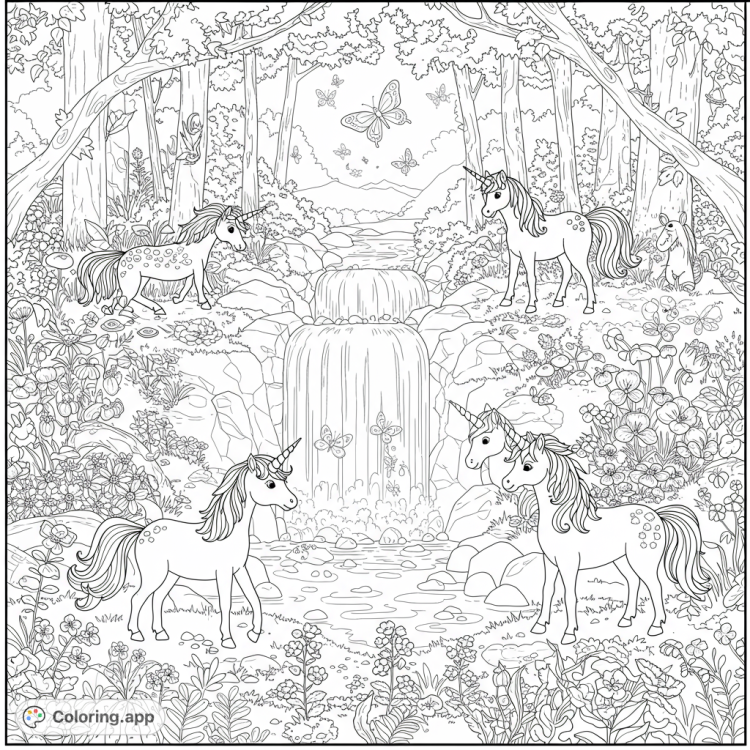 Enchanting coloring page featuring unicorns in a magical forest by a waterfall.  Butterflies and flowers add whimsical details.