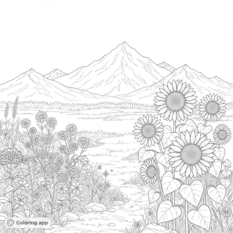 A beautiful black and white coloring page featuring a mountain scene with wildflowers and sunflowers.  Perfect for kids and adults to enjoy and get creative with colors.