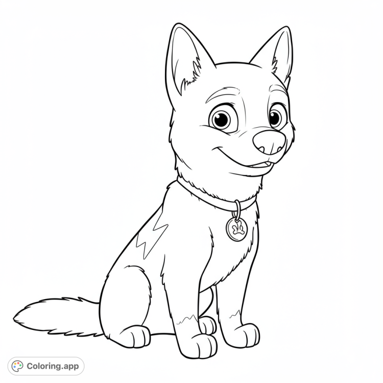 Bolt the super dog!  A detailed black and white line art coloring page of Disney's Bolt, featuring clean lines, a lightning bolt, and open spaces for coloring.