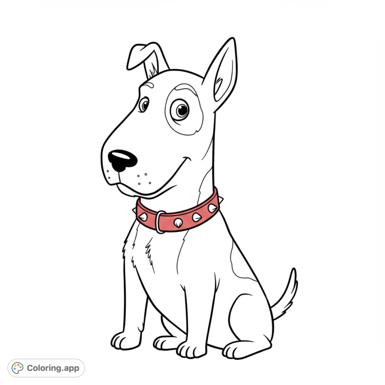 Scud from Toy Story, a vicious English Bull Terrier, in a detailed black and white line art coloring page.  Features a bold outline, open spaces, and a playful pose.