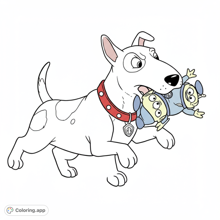 Scud from Toy Story in a dynamic pose, attacking an alien!  This black and white line art coloring page features bold lines, detailed areas, and open spaces for fun.
