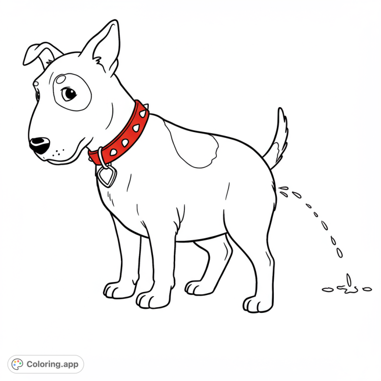 Scud from Toy Story, a tough English Bull Terrier, in a detailed black and white line art coloring page.  Features Scud cocking his leg, ready to color!