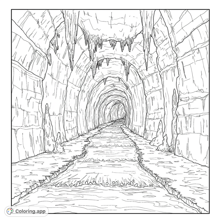 Explore the River Axe in Wookey Hole Caves!  This black and white line drawing features detailed cave walls and flowing water, perfect for coloring.