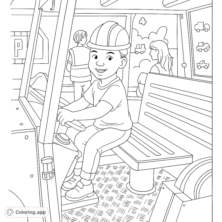 A young boy wearing a hard hat sits in the driver's seat of a construction vehicle.  Great for kids who love trucks and construction!