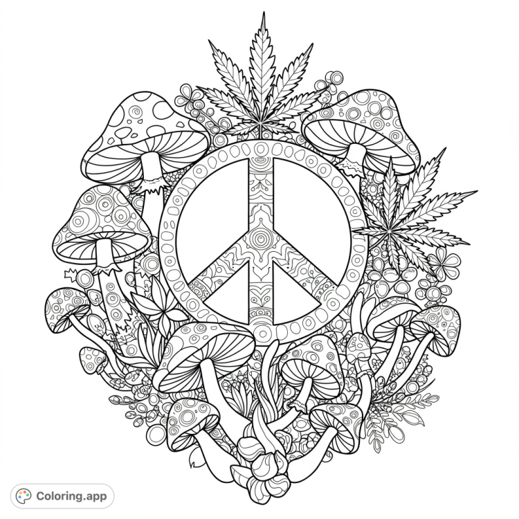 Peaceful design featuring a peace sign, mushrooms, and a marijuana leaf.  This black and white line art is perfect for coloring, with detailed and open areas for creative expression.