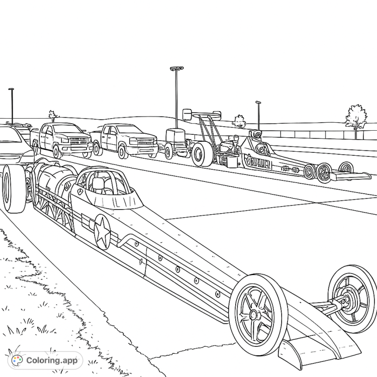 Detailed drag racing car coloring page.  Perfect for car enthusiasts!