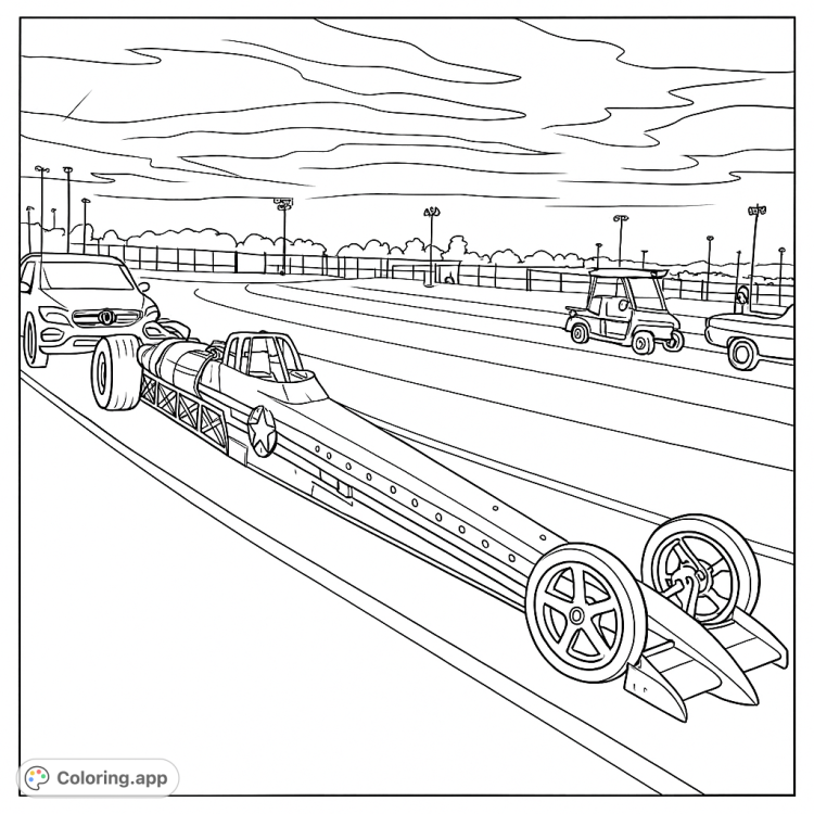 Detailed dragster coloring page.  Features a vintage race car design with stars and stripes.
