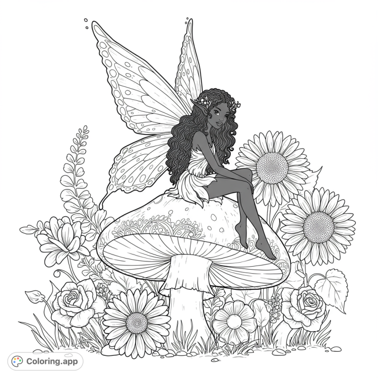 A whimsical coloring page featuring an African American fairy seated on a large mushroom, surrounded by detailed flowers.  Perfect for kids and adults to enjoy coloring.