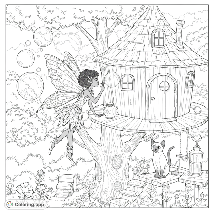 African American fairy and Siamese cat in a whimsical treehouse, blowing bubbles.  Detailed line art with open spaces for coloring.