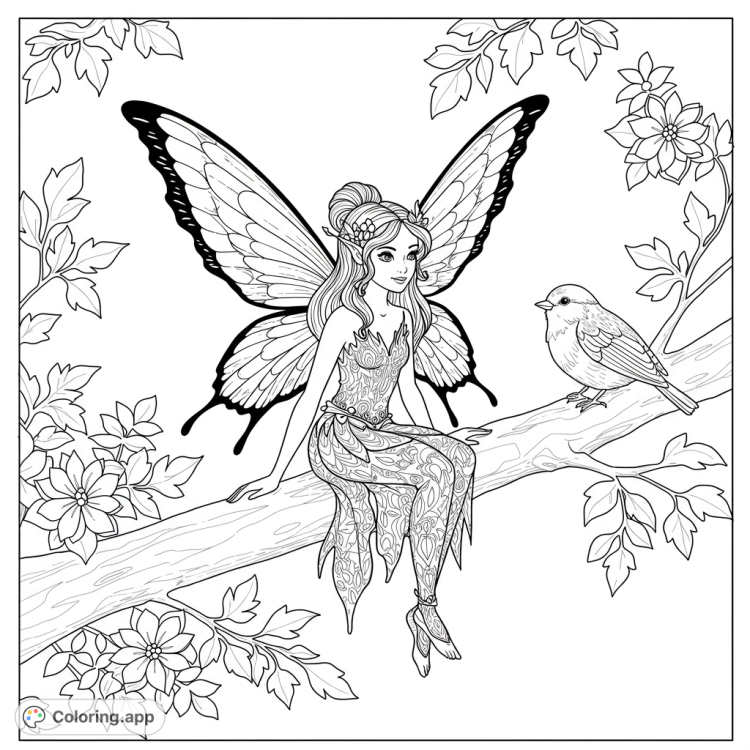 Enchanting black fairy perched on a tree branch with a bird.  Detailed line art with open spaces for coloring.