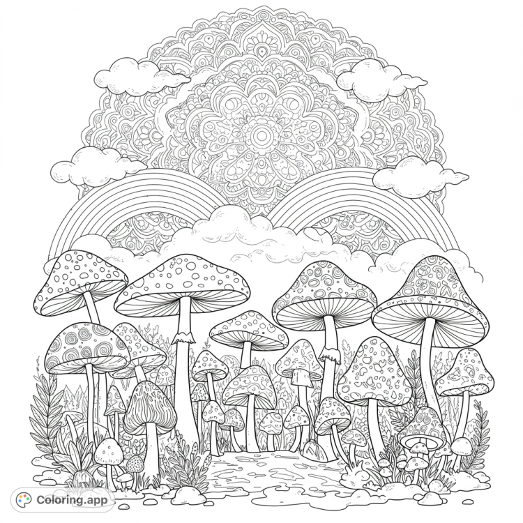 Whimsical magic mushroom forest with a mandala sky and rainbow clouds.  Detailed line art with open spaces for coloring.