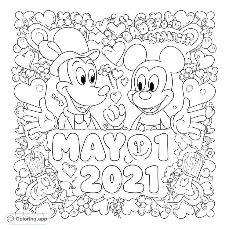 Roger and Mickey Smith celebrate with hearts, flowers, and bubble letters.  A fun, detailed black and white line art coloring page for kids and adults.
