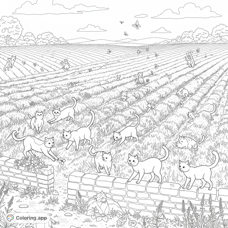 A detailed black and white coloring page featuring playful cats in a lavender field.  Includes a stone wall, rolling hills, and butterflies.