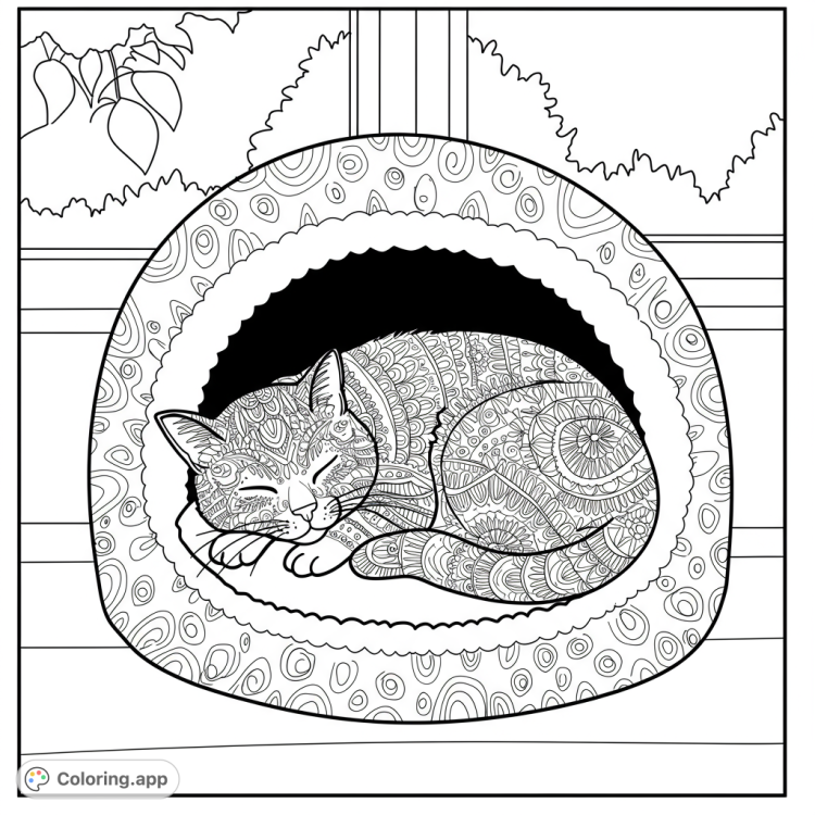 Cozy cat napping in a sunlit cat bed.  This adorable black and white line art is perfect for coloring.