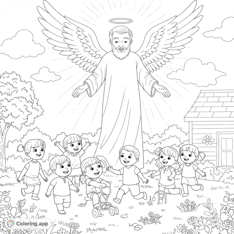 A heartwarming coloring page of a heavenly father watching over his son and grandchildren at play.  Features clean lines, detailed areas, and open spaces for creative coloring.