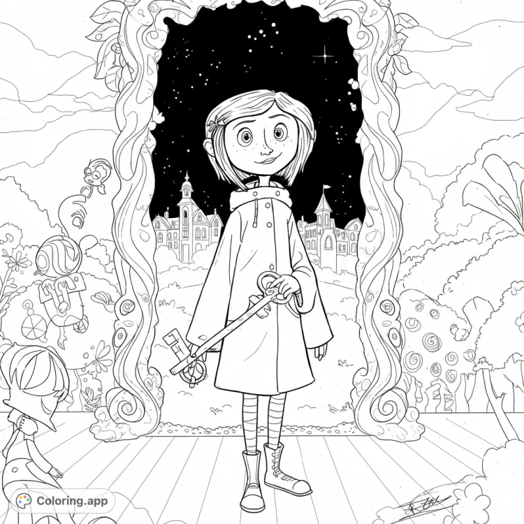 Coraline at the portal to the Other World!  A detailed black and white line art coloring page featuring Coraline, the button key, and the Pink Palace.