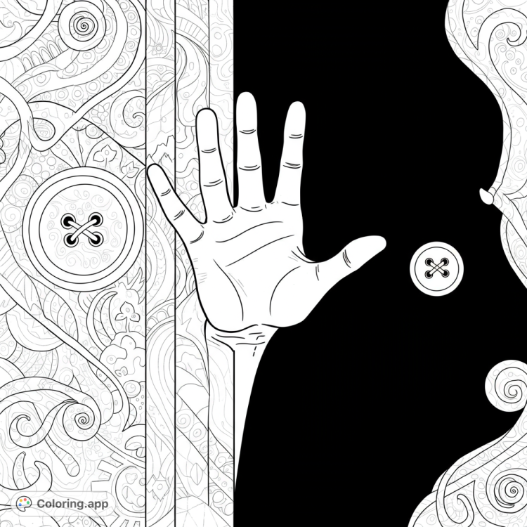 Intricate coloring page: The Other Mother's button hand reaches from a shadowy doorway, with a single button eye.  Swirling patterns and detailed design.