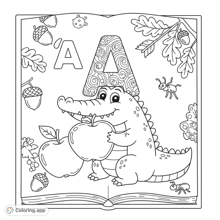 Adorable alligator enjoys an apple in this detailed 'A' alphabet coloring page.  Features bold lines, intricate patterns, and a decorative font.