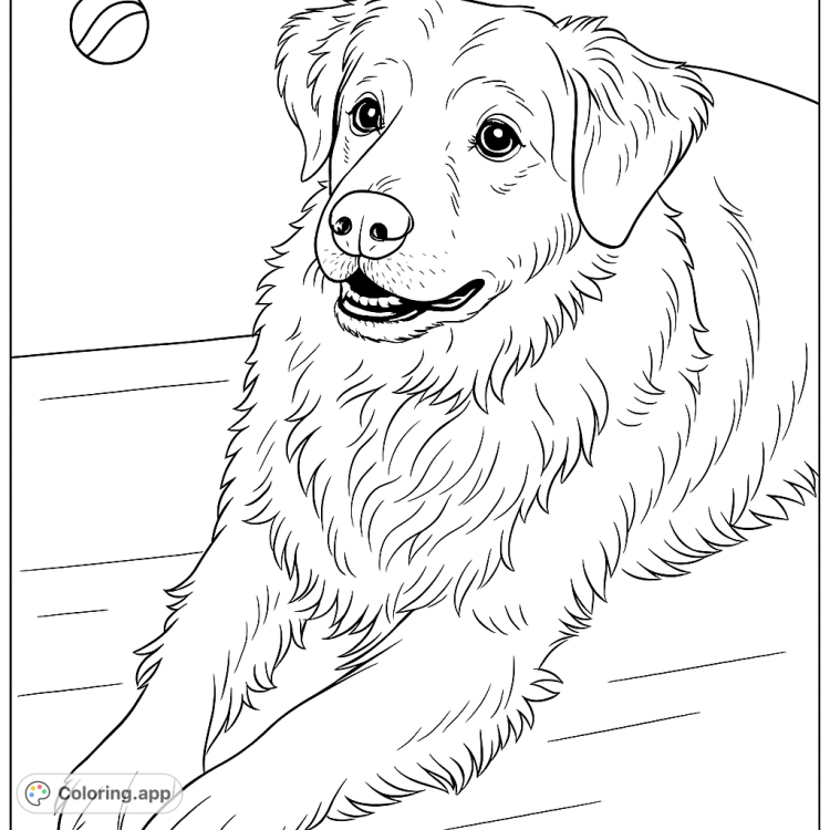 Detailed coloring page of a golden retriever dog.  A fun and relaxing activity for dog lovers of all ages.