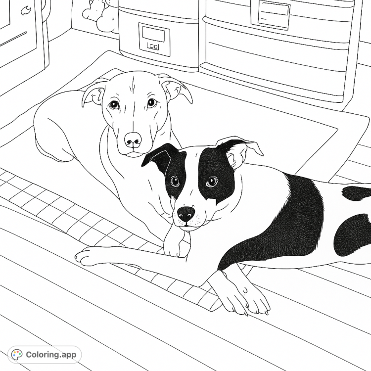 Relax with this coloring page featuring two adorable dogs lounging on a cozy mat.  A delightful scene to bring to life with your favorite colors!
